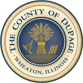 The seal of the County of DuPage. Wheat in the center of the circular image. The words "The County of DuPage, Wheaton, Illinois" within the border.